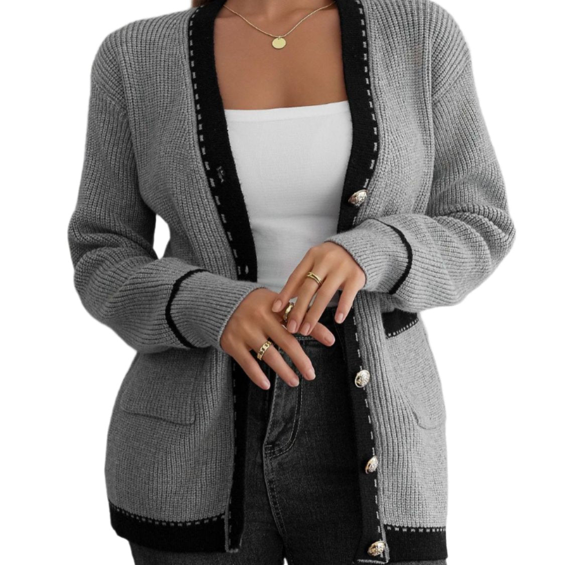 Contrast Trim Button Up Cardigan