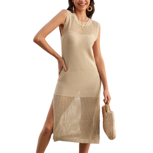 Slit Round Neck Sleeveless Sweater Dress