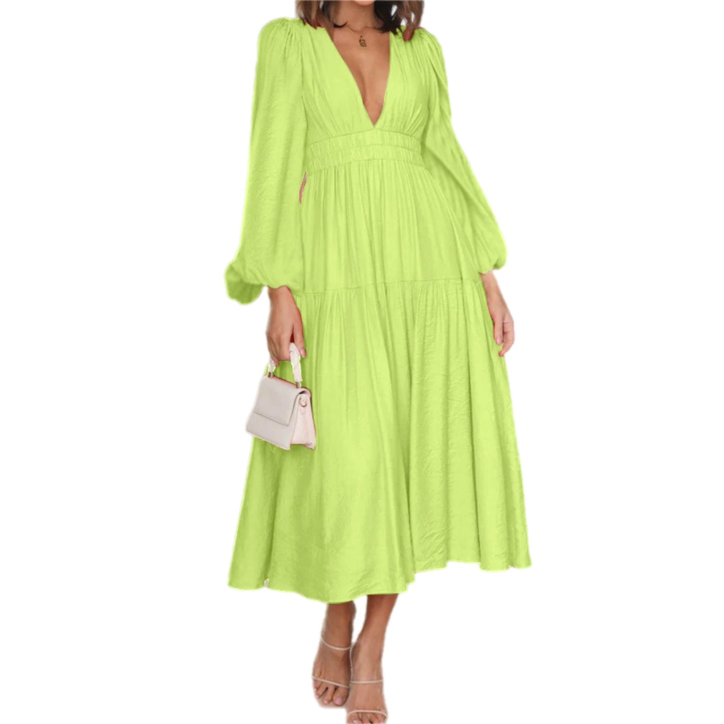 Deep V-Neck Balloon Sleeve Plain Maxi Dress