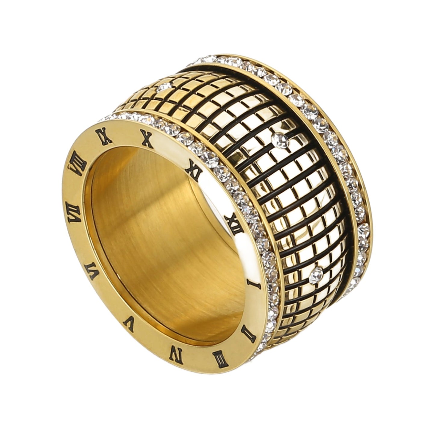 Dazzle Grid Rhinestone Embedded Stainless Steel Ring