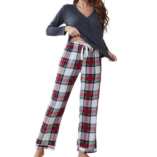 Buttoned Long Sleeve Top & Plaid Pants Pajama Set