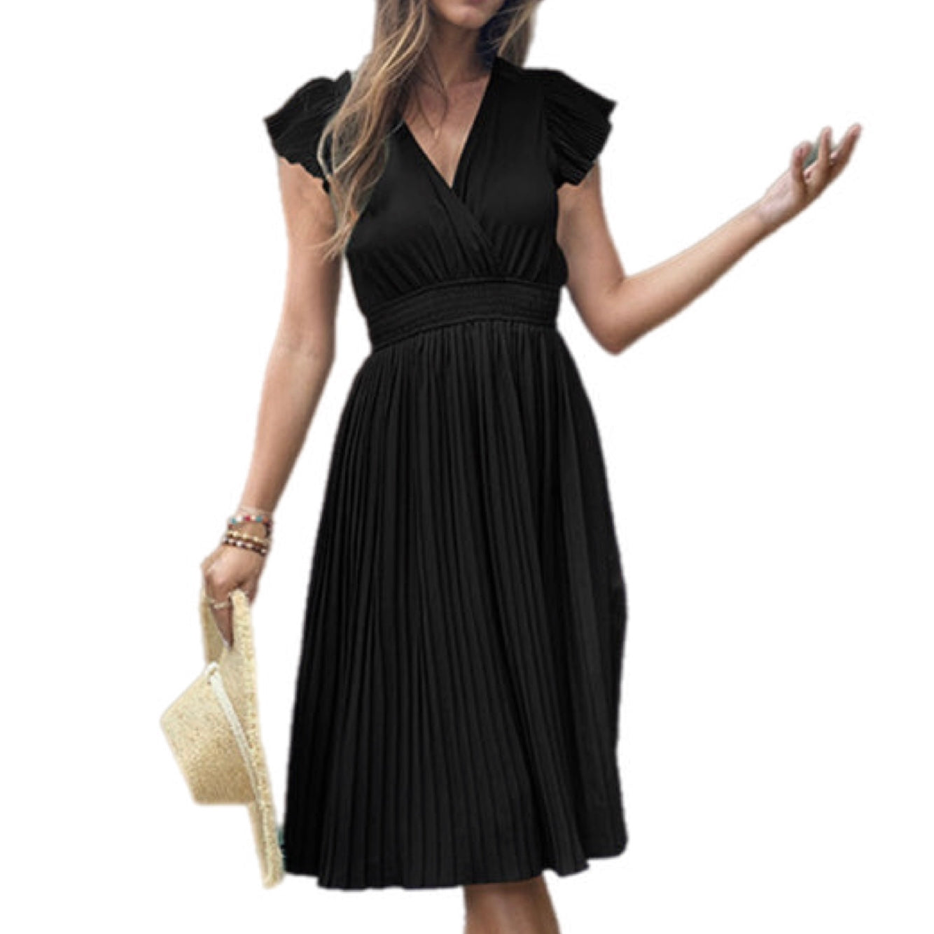 V-Neck Pleated Dress with Ruffle Sleeves