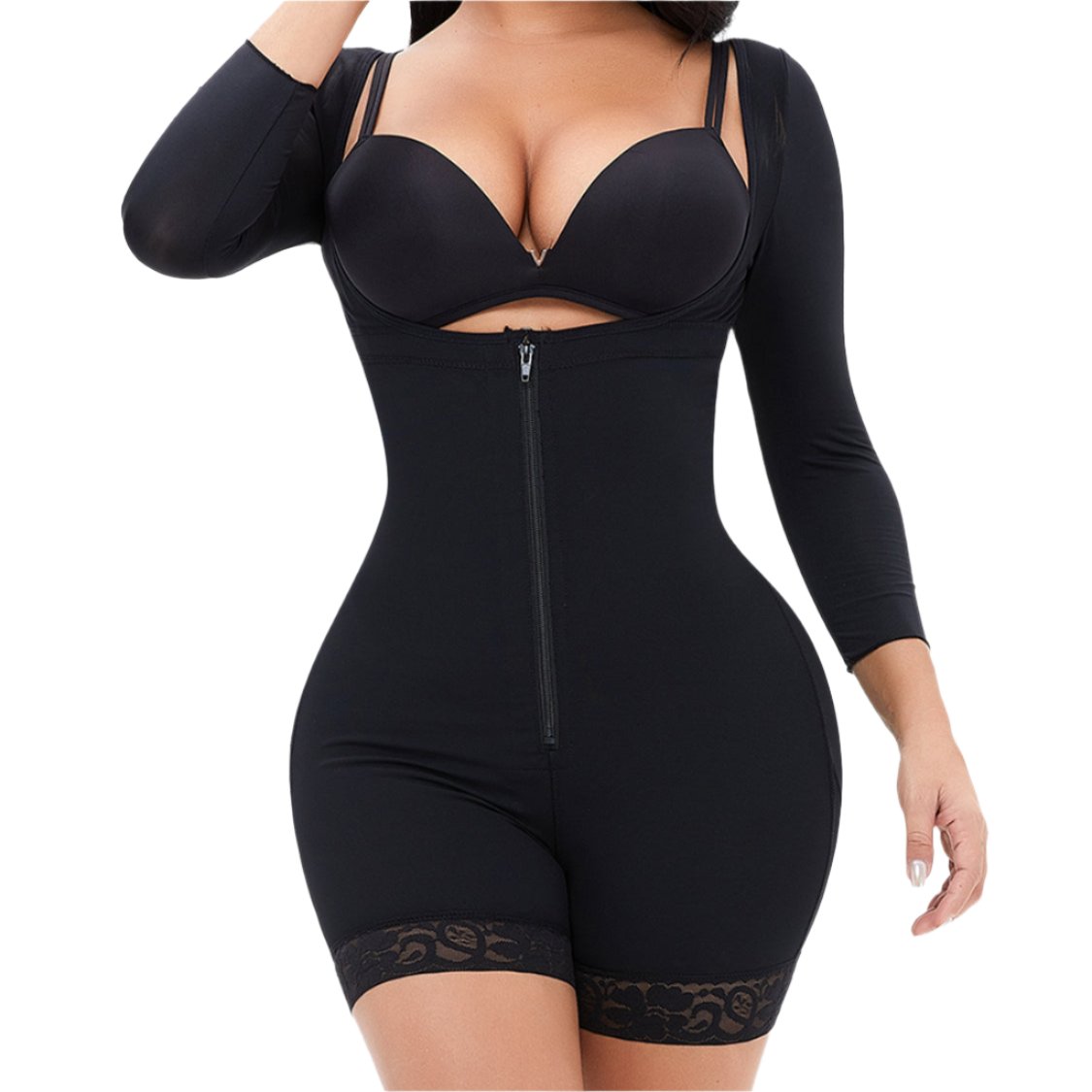 Zip Up Lace Detail Long Sleeve Shapewear