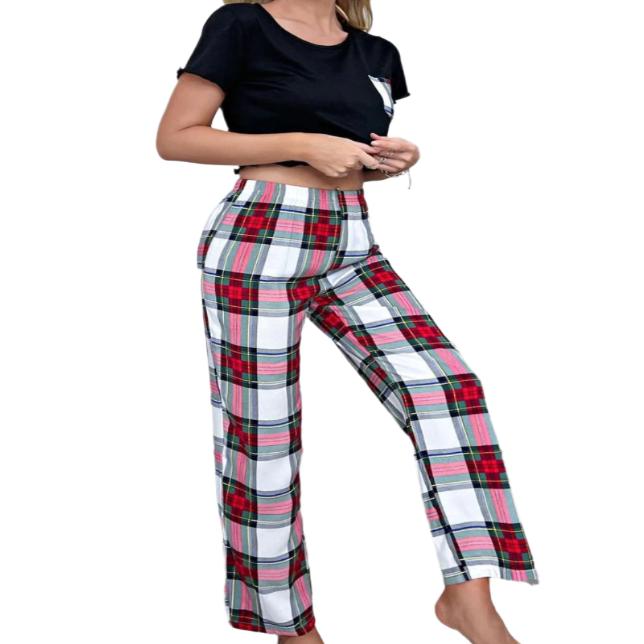 Lettuce Trim Cropped T-Shirt and Plaid Pants Pajama Set