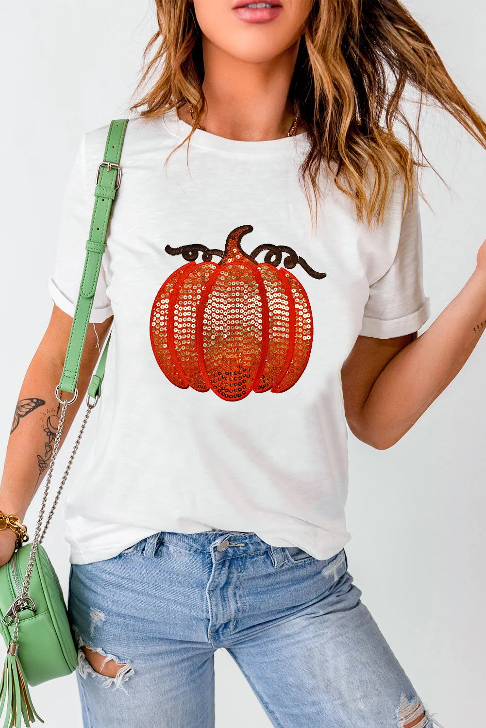 Sequin Pumpkin Round Neck Short Sleeve T-Shirt