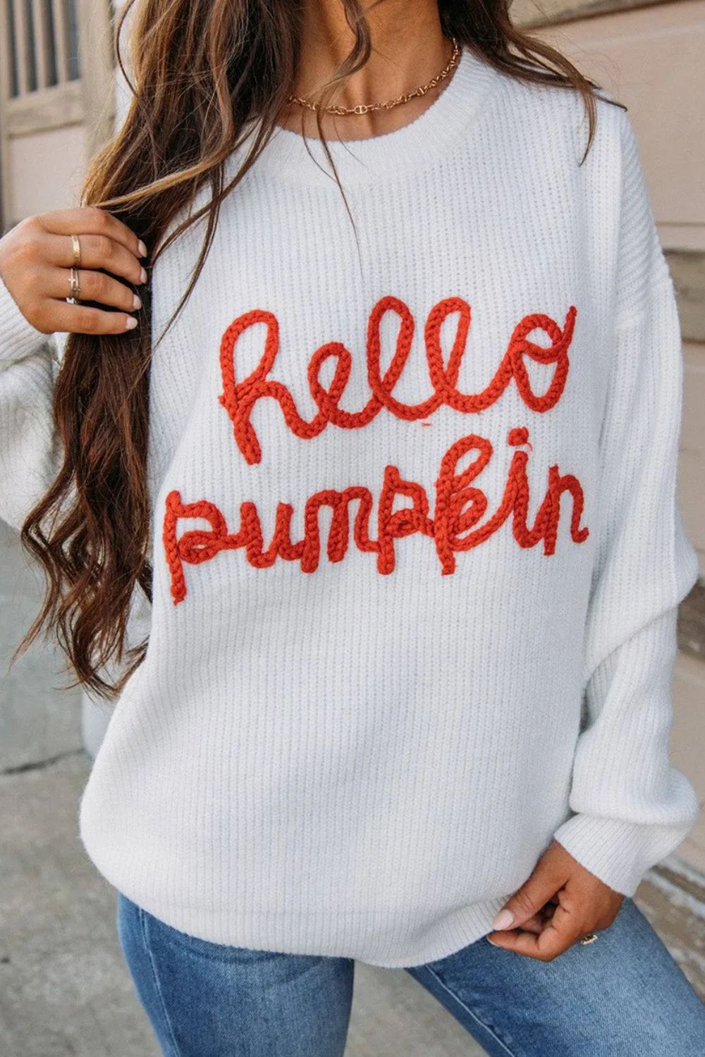 Hello Pumpkin Round Neck Long Sleeve Sweater