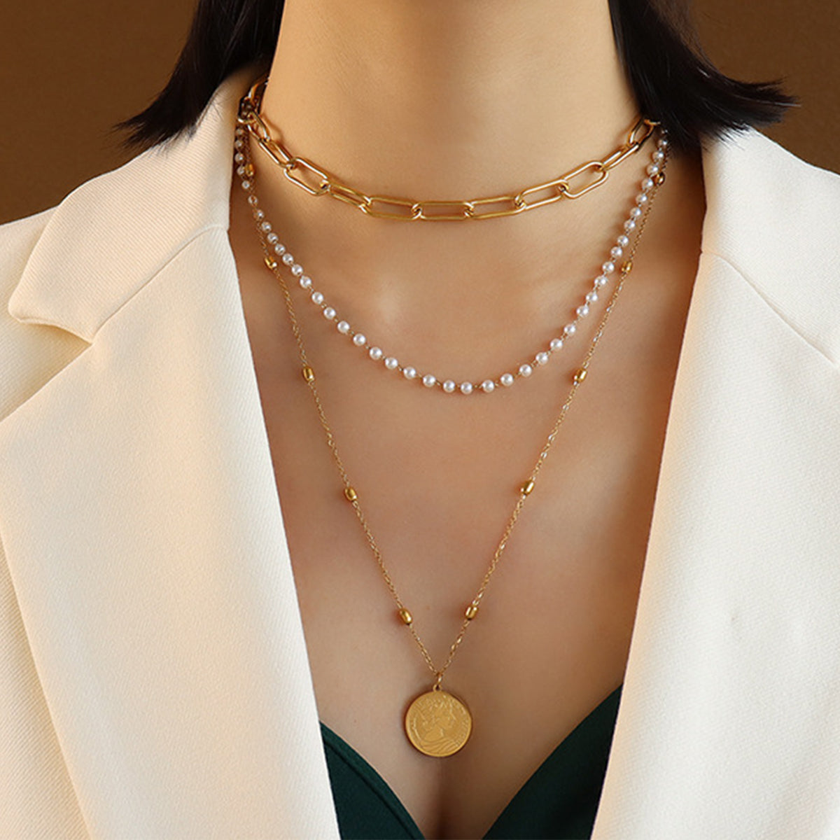 Pearl Gold Steel Three-Layered Necklace