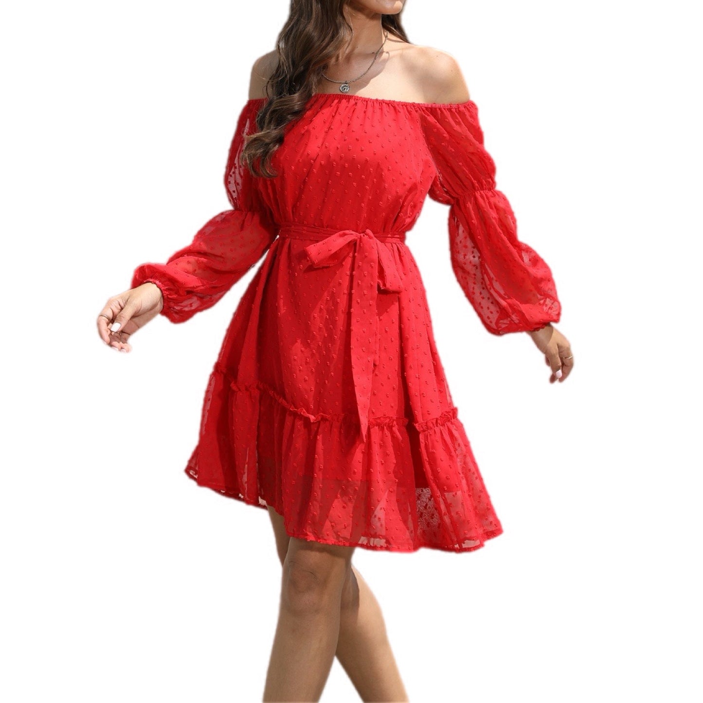 Swiss Dot Off-Shoulder Balloon Sleeve Dress