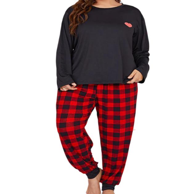 Plus Size Heart Top & Plaid Joggers Pajama Set