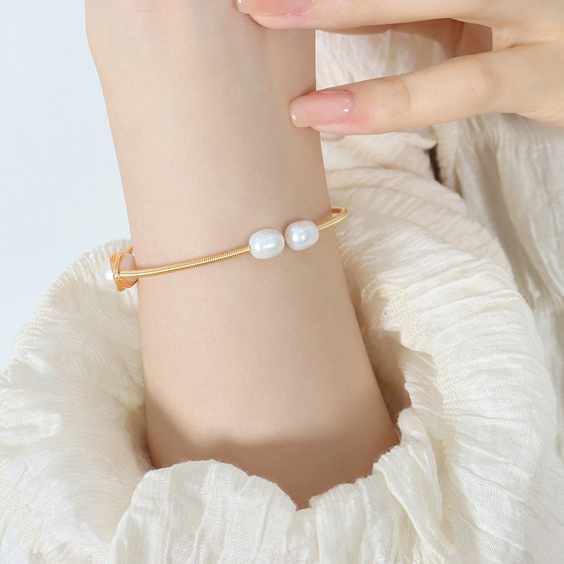 Gold Steel Wire Wrapped Pearl Cuff Bracelet