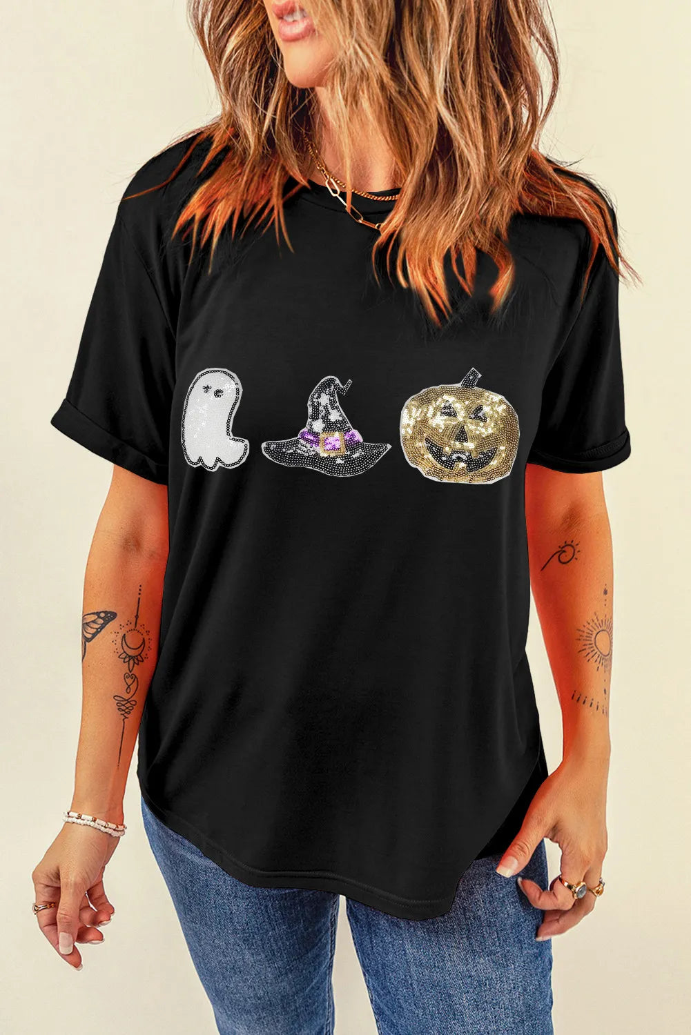 Halloween Sequin Round Neck Short Sleeve T-Shirt