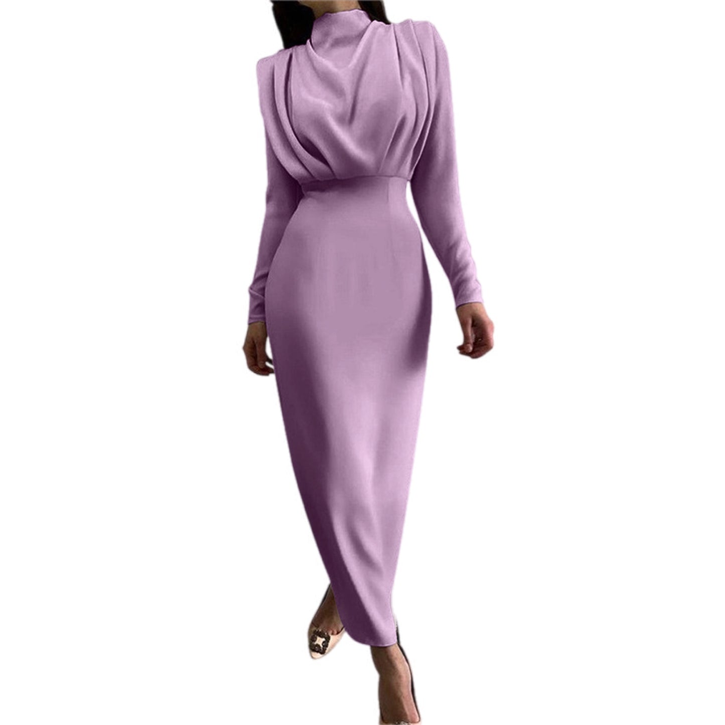 Formal Ruched Turtleneck Long Sleeve Dress