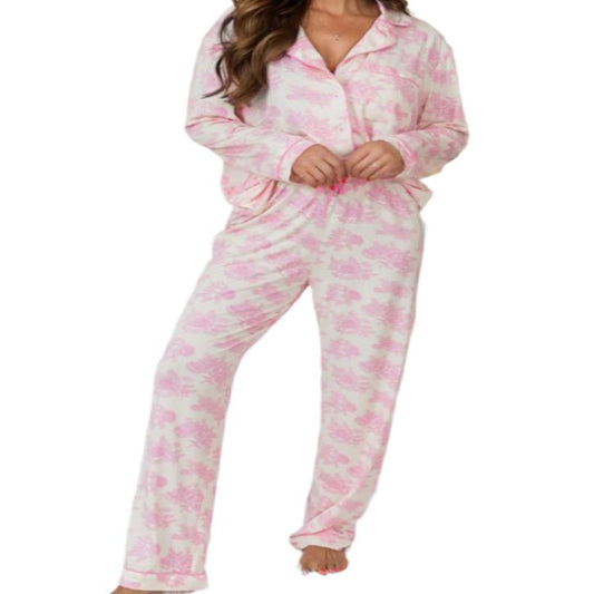 Printed Button Up Long Sleeve Top & Pants Pajama Set