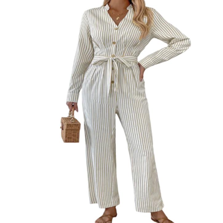 Striped Notched Long Sleeve Tie Waist Jumpsuit