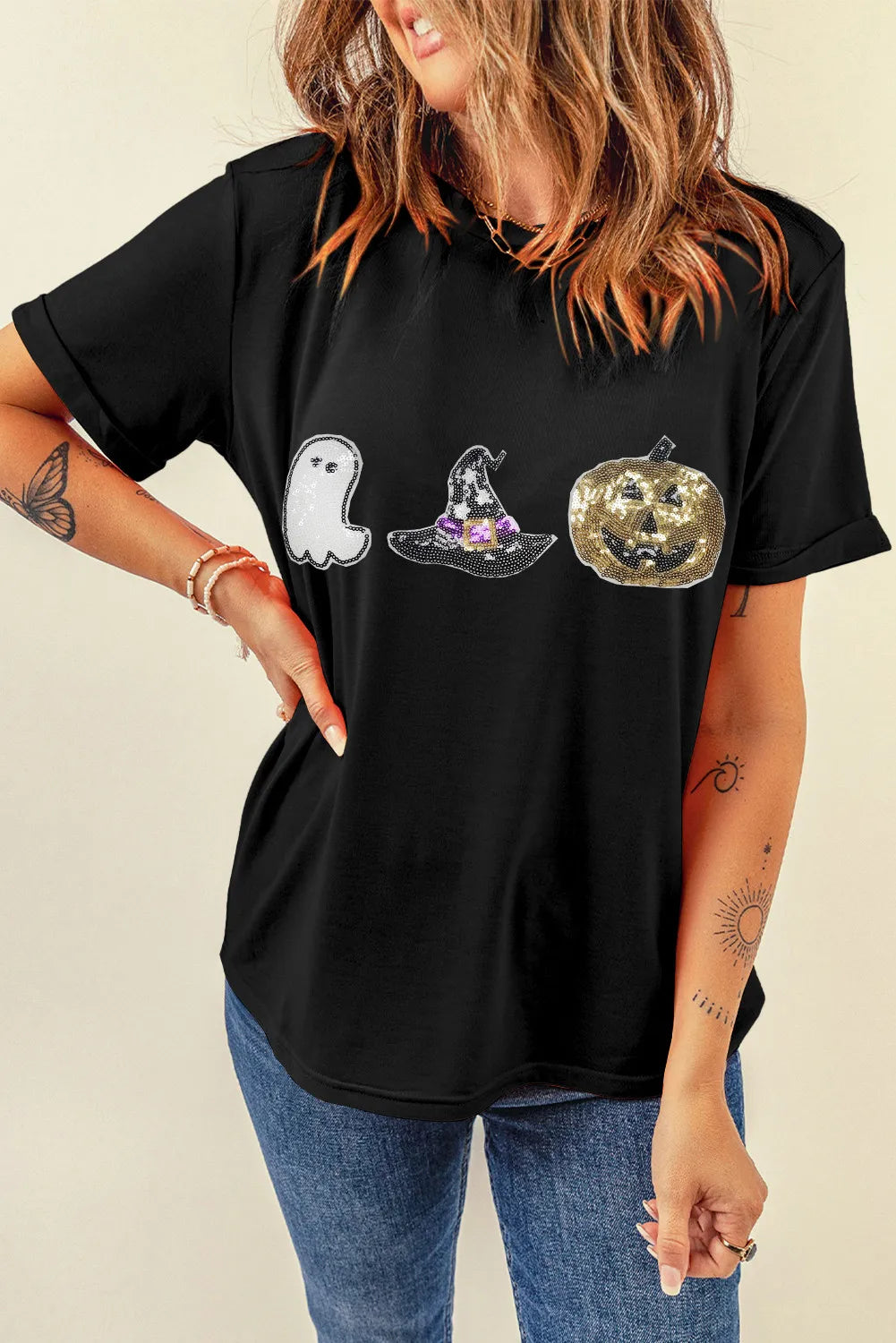 Halloween Sequin Round Neck Short Sleeve T-Shirt