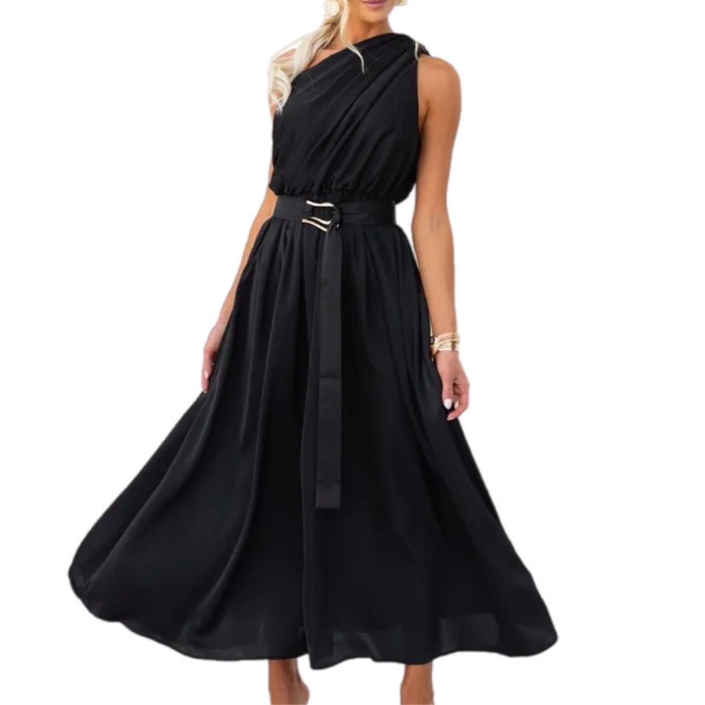 One-Shoulder Satin Maxi Dress with Waist Tie