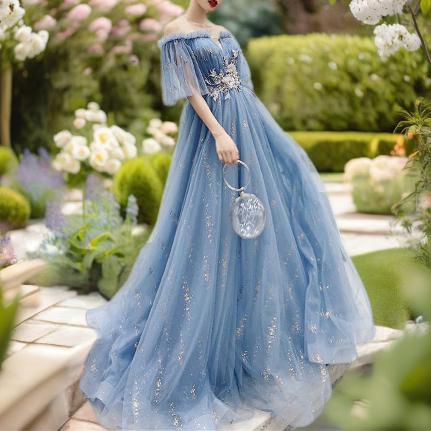 Blue Off The Shoulder Evening Gown