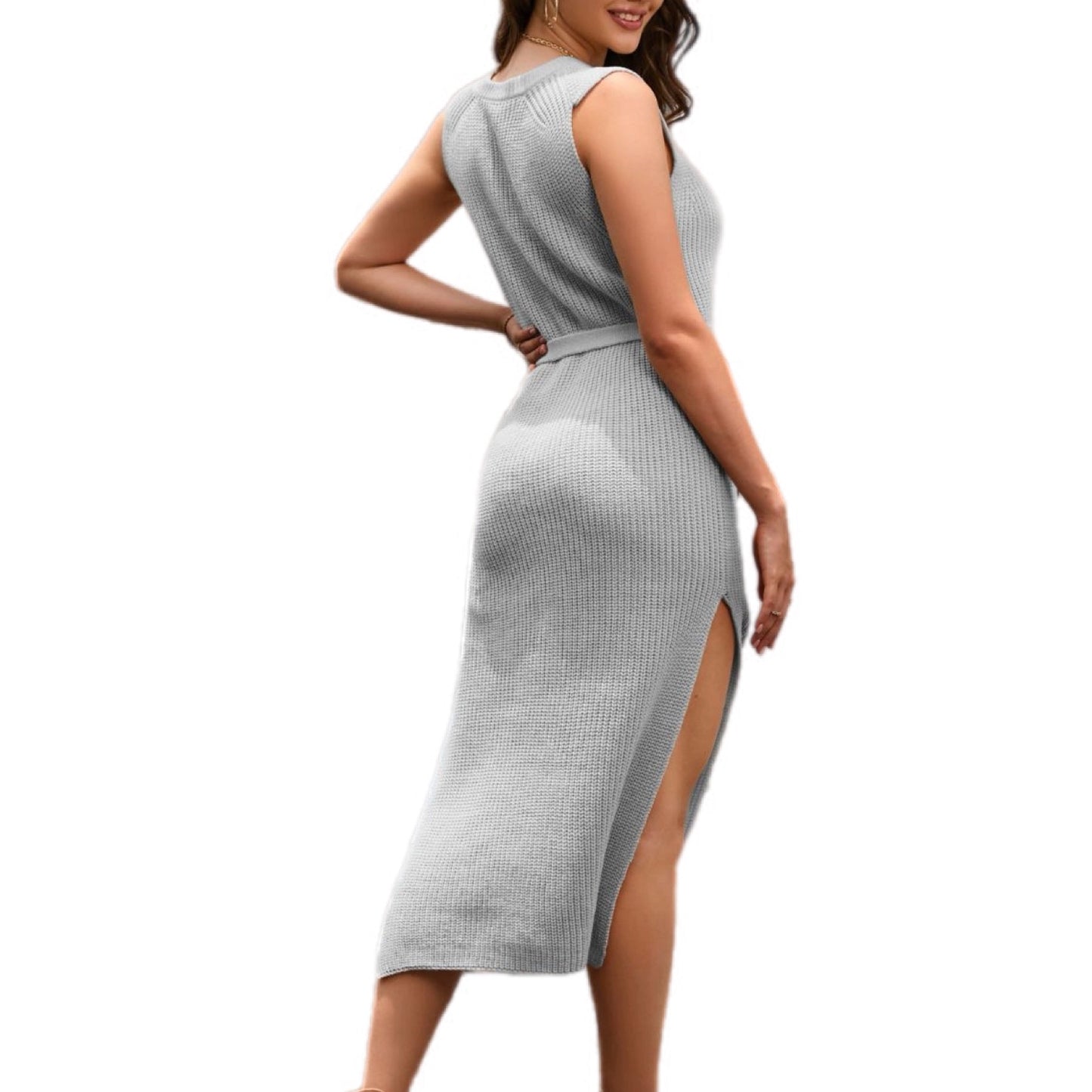 Sleeveless Knit Midi Dress with Side Slit