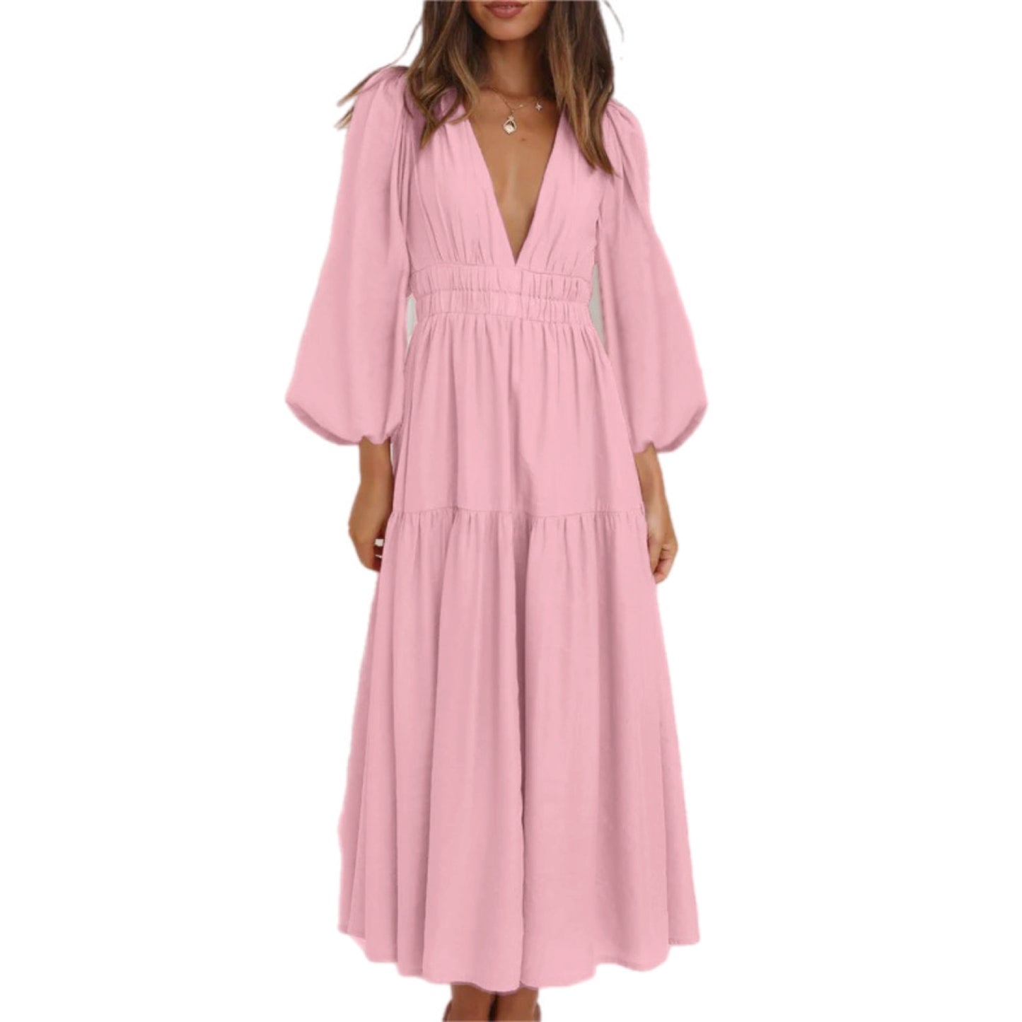 Deep V-Neck Balloon Sleeve Plain Maxi Dress