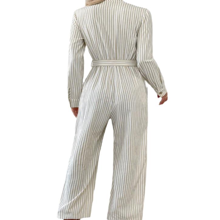 Striped Notched Long Sleeve Tie Waist Jumpsuit