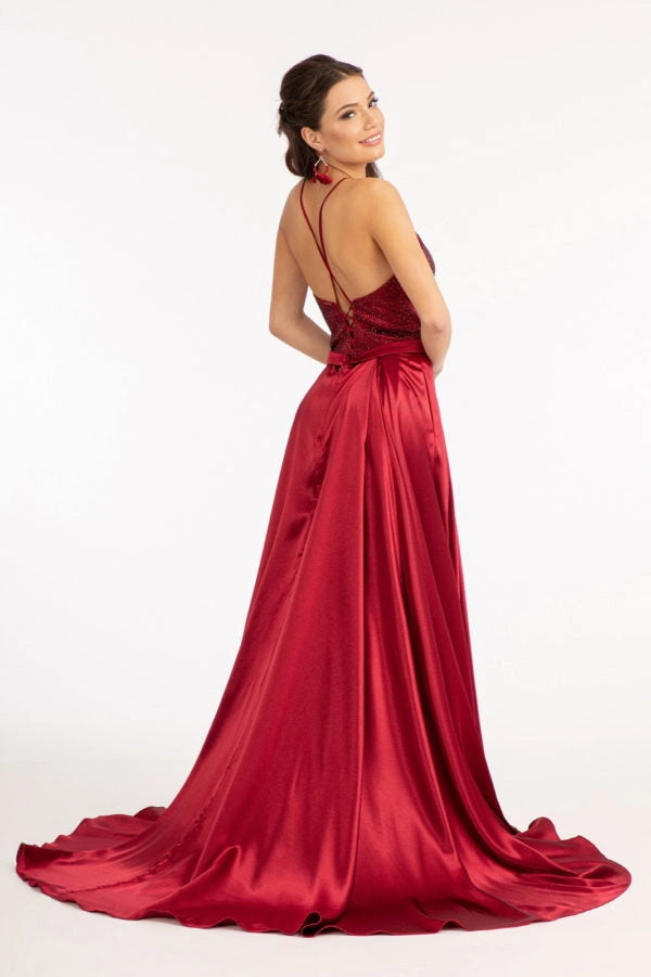 Satin Open Back V-Neck Long Formal Prom Dress