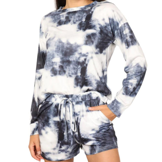 Shiny Tie-Dye Round Neck Top & Shorts Sleep Set