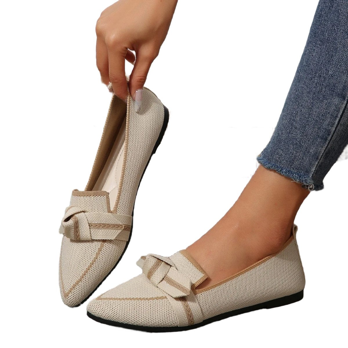 Bow Contrast Trim Point Toe Loafers