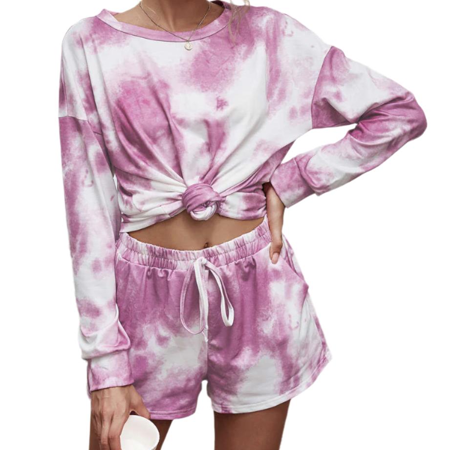 Tie-Dye Dropped Shoulder Top & Shorts Lounge Set