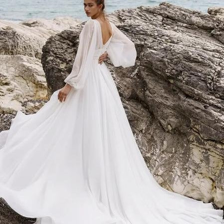 V-Neck Wedding Dress with Long Sleeves & High Slit