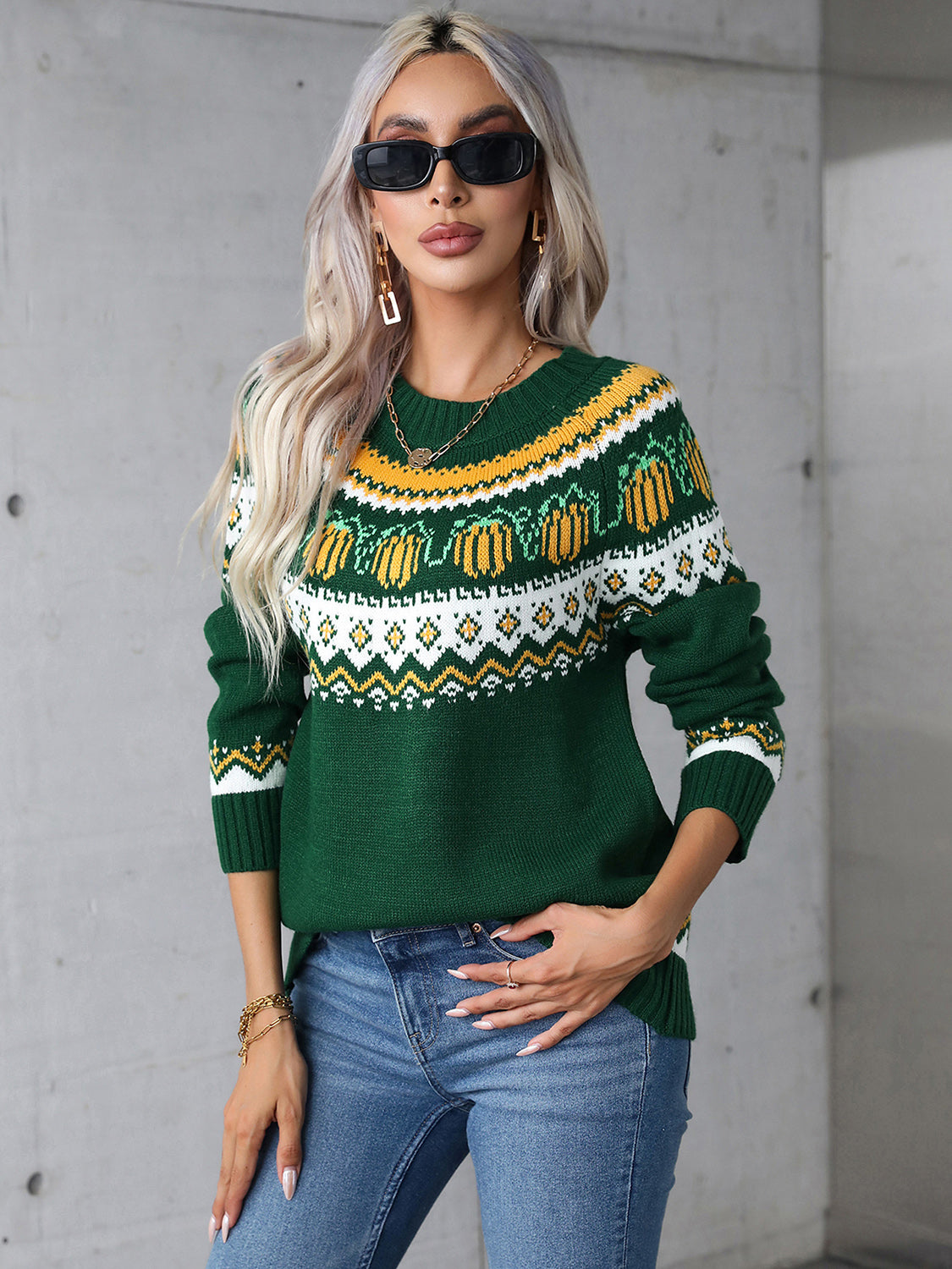 Pumpkin Print Round Neck Sweater