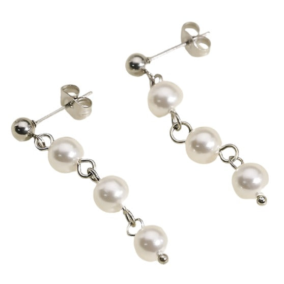 Gold or Silver Steel Pearl Dangle Stud Earrings