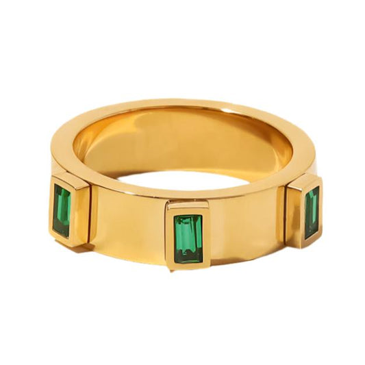 Green CZ Gold Steel Ring