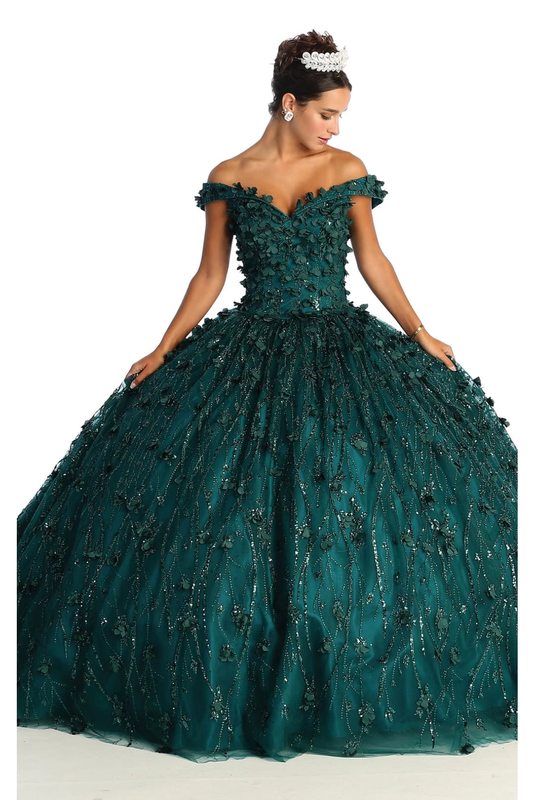 Glitter Off Shoulder Plus Size Floral Ball Gown