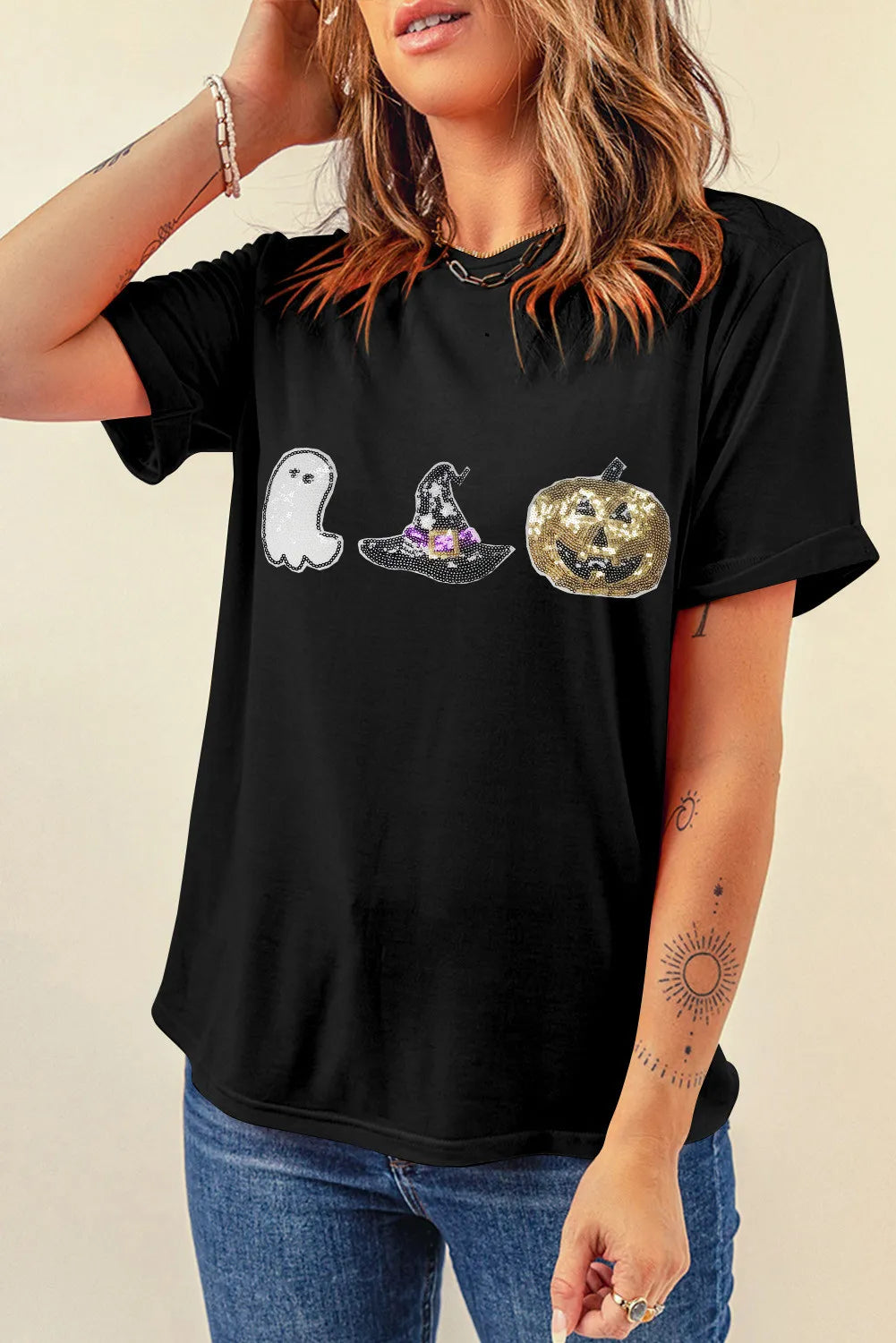 Halloween Sequin Round Neck Short Sleeve T-Shirt