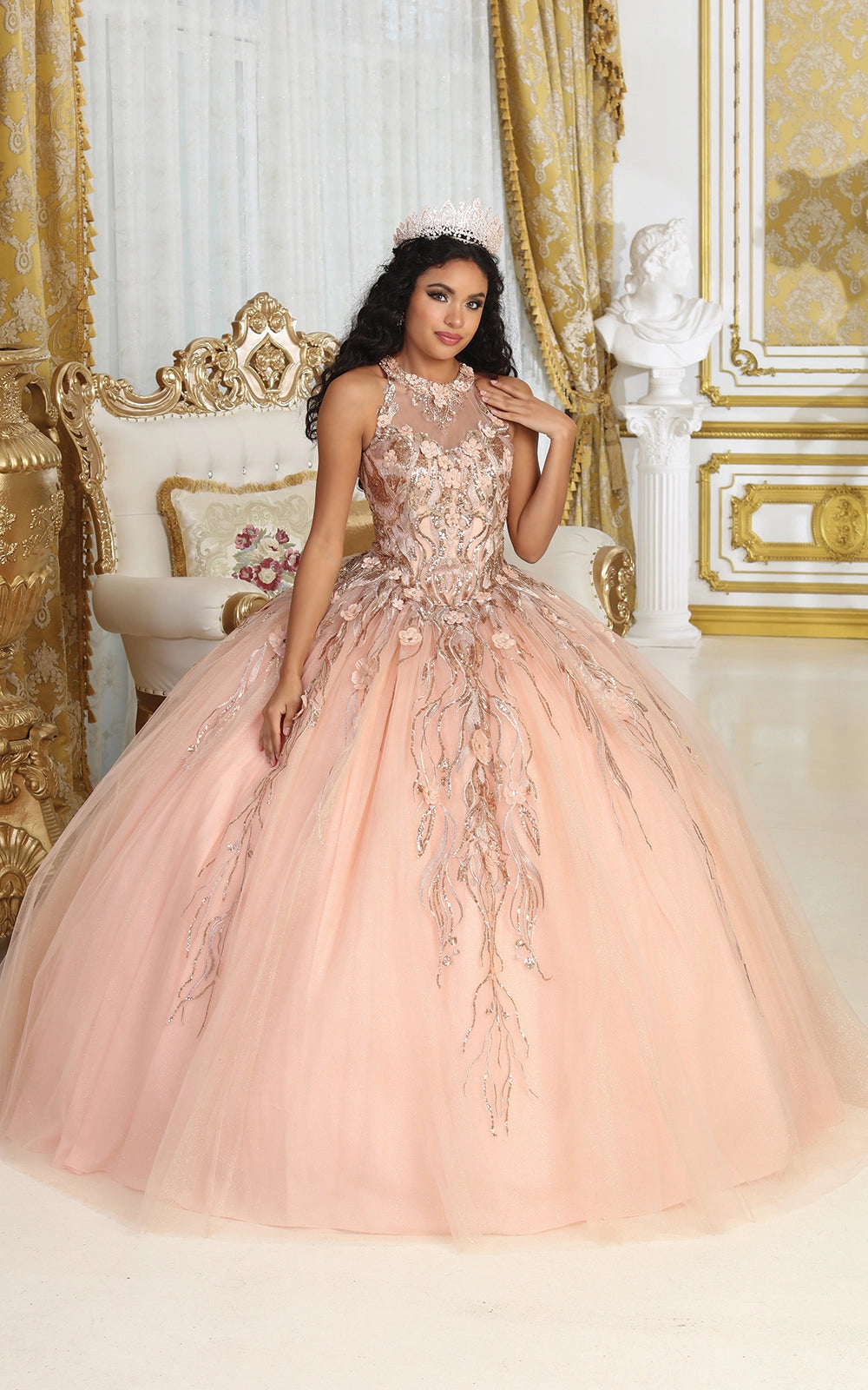 Detachable Cape Embroidered Quinceanera Ball Gown in Rose Gold