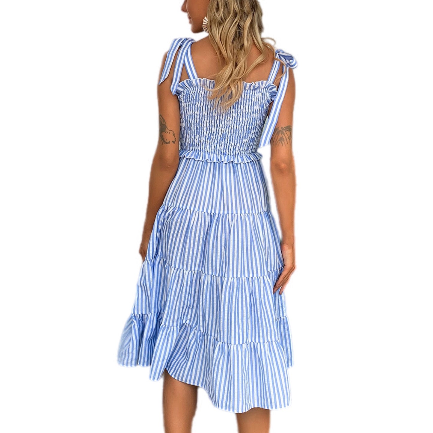 Smocked Tie-Shoulder Tiered Midi Dress