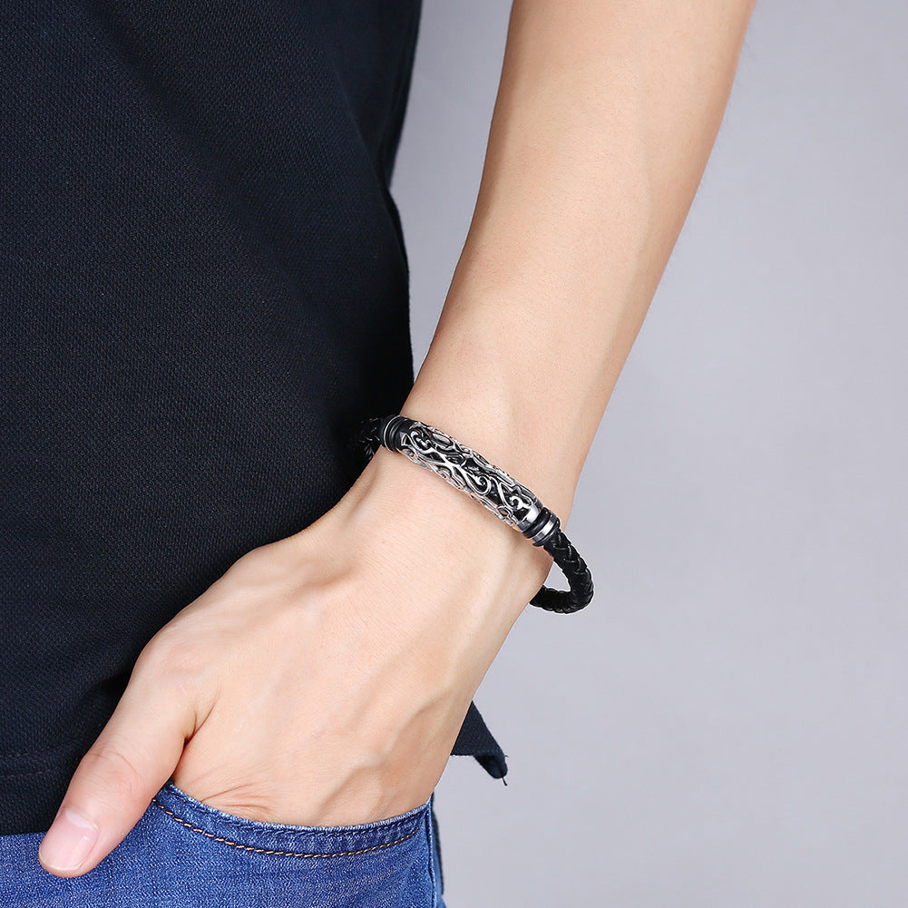 Black Braided Leather Stainless Steel Bracelet