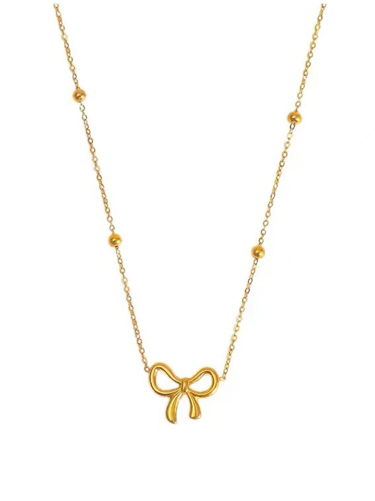 Gold Steel Satellite Chain Necklace with Bow Charm