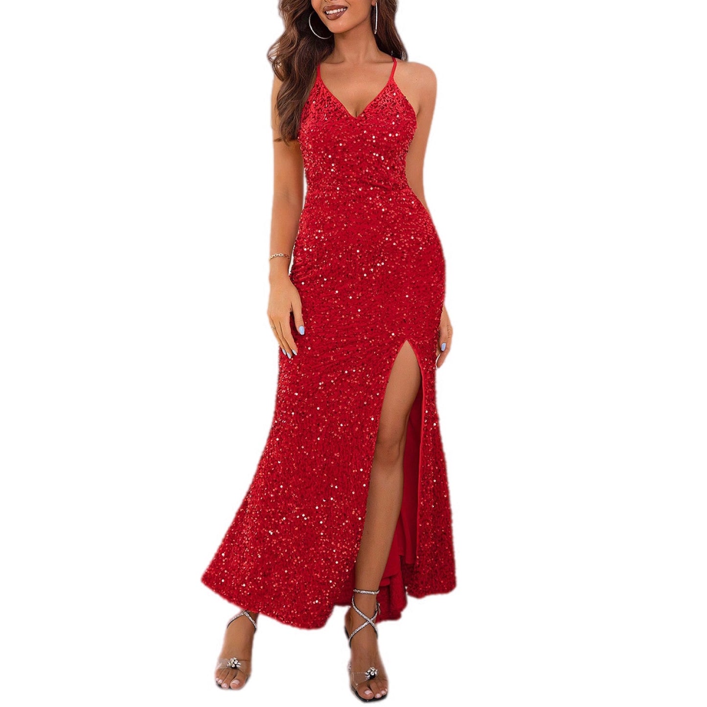 Glittering Sequin High-Slit Evening Gown