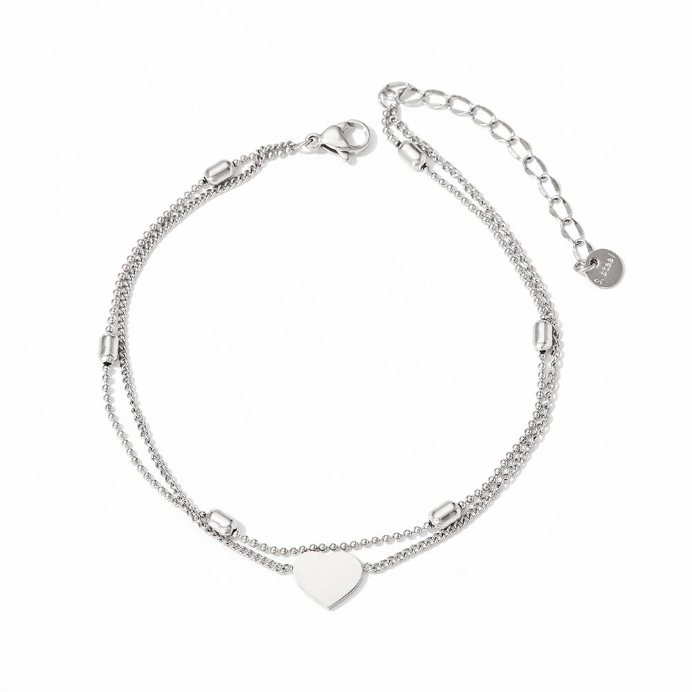 Gold or Silver Steel Heart Layered Charm Anklet