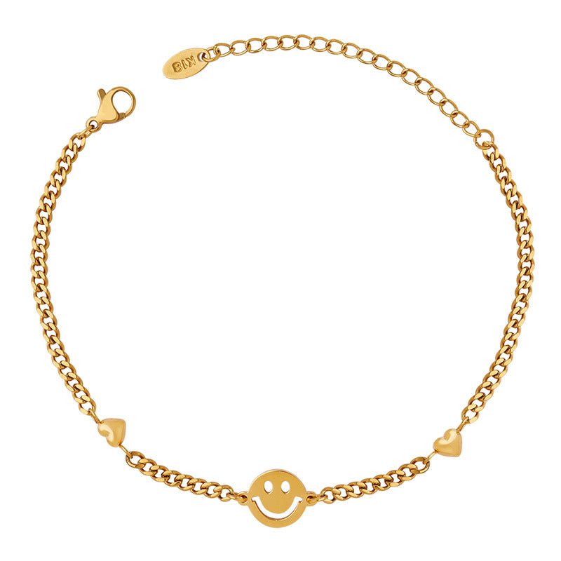 Gold Steel Smiley Face Charm Bracelet