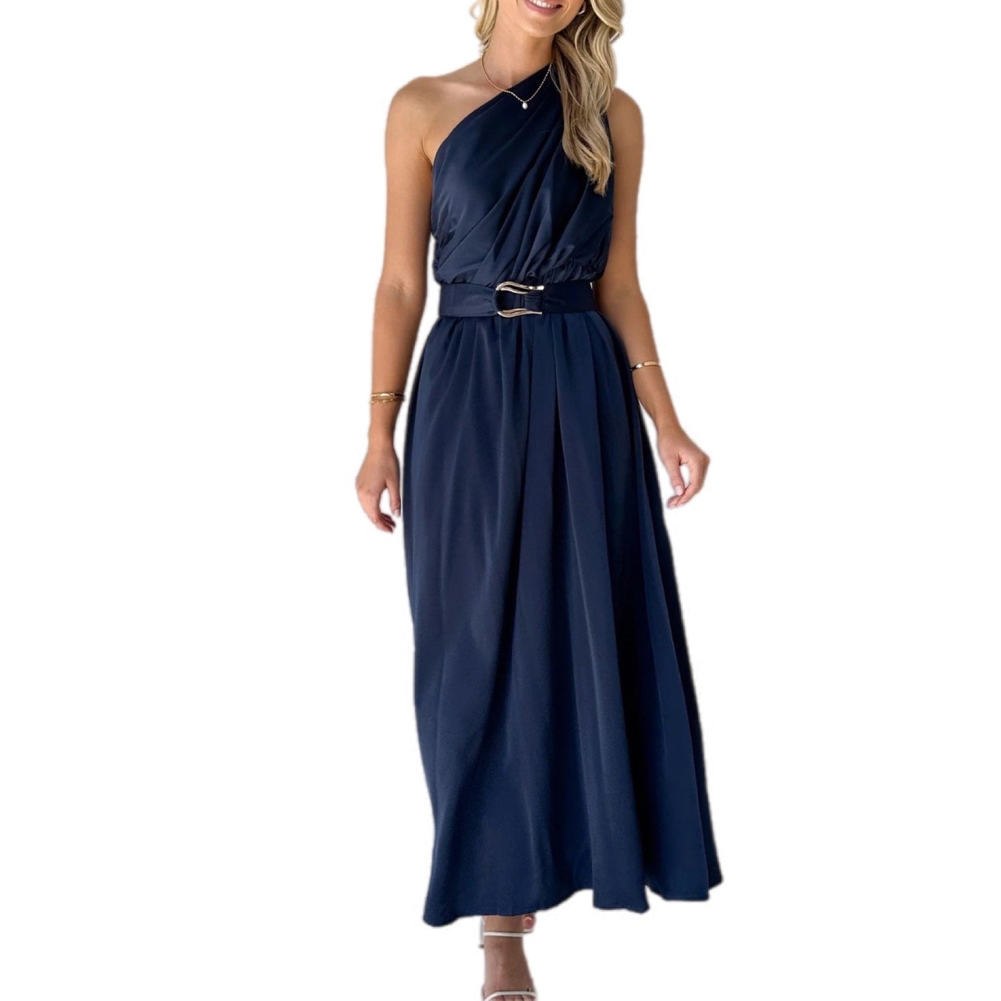 One-Shoulder Satin Maxi Dress with Waist Tie