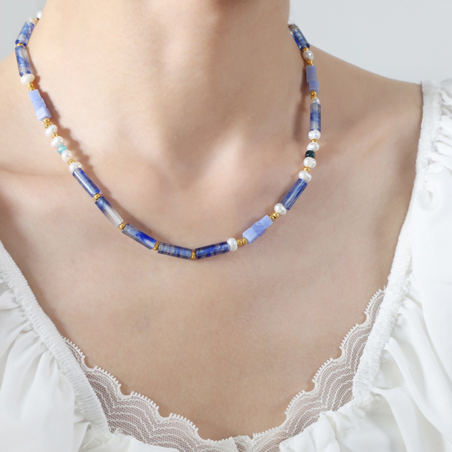 Ocean's Whisper Freshwater Pearl & Blue Chalcedony Necklace