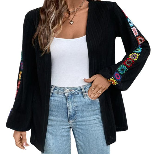 Embroidered Open Front Cardigan