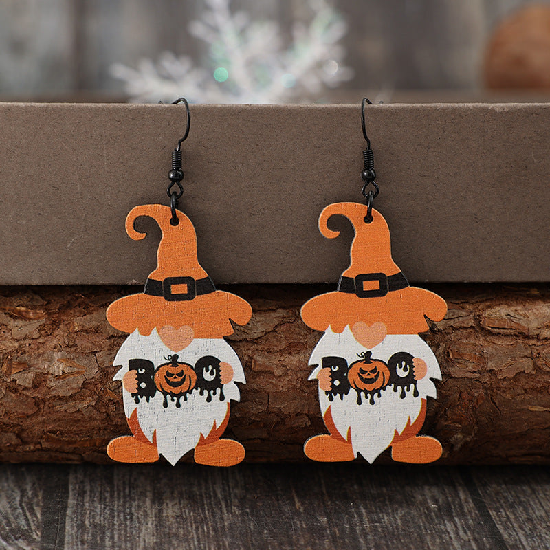 Wooden BOO Dwarfs Pumpkin Dangle Earrings