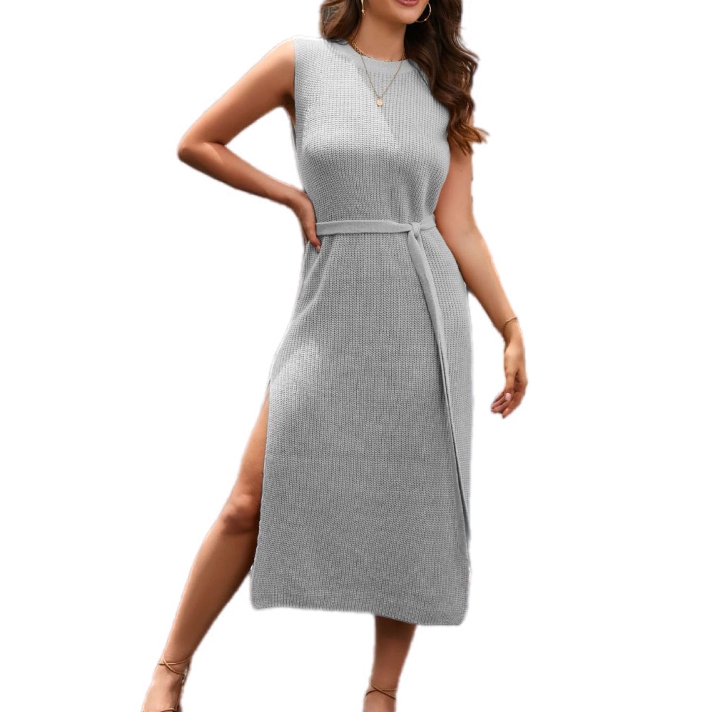 Sleeveless Knit Midi Dress with Side Slit