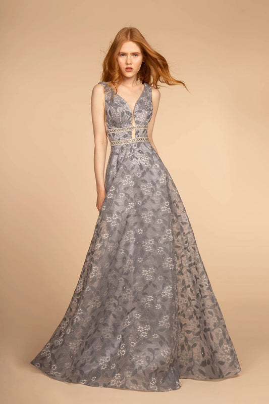 Sleeveless A-Line Floral Lace Evening Gown