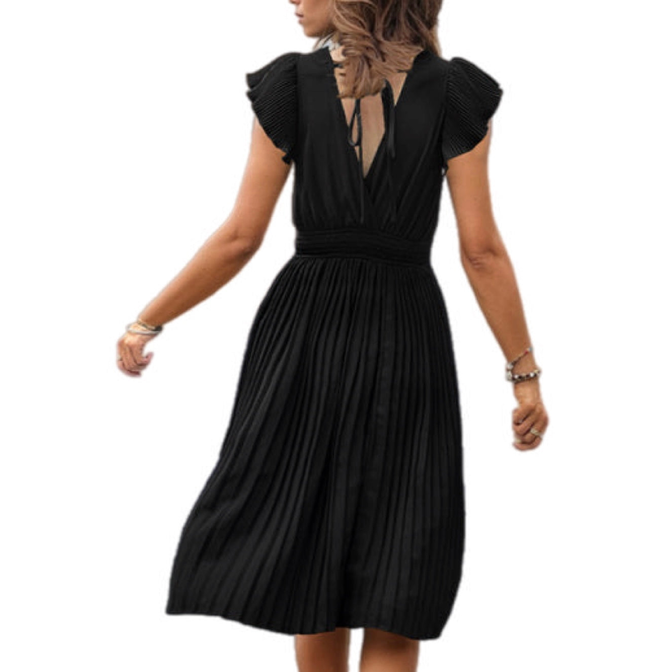 V-Neck Pleated Dress with Ruffle Sleeves