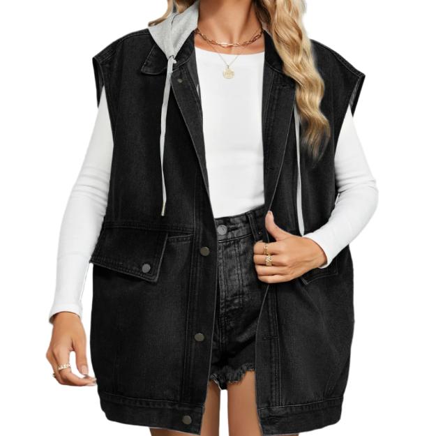 Removable Hood Button Up Denim Vest