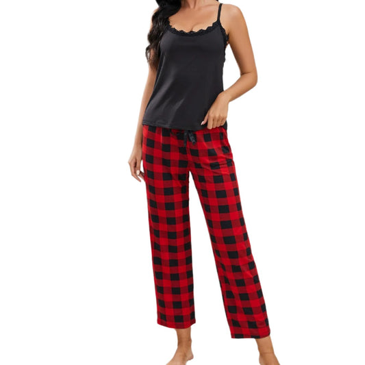 Lace Trim Cami & Plaid Pants Pajama Set